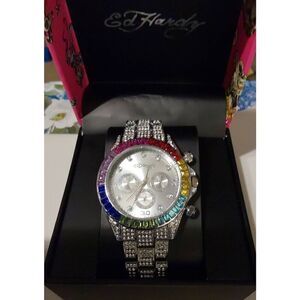 BNIB~Ed Hardy Women's Multi-Color Crystal Silver Analog Watch